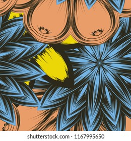 Seamless floral background. Tracery handmade nature ethnic fabric backdrop pattern with flowers. Textile design texture. Decorative color art. Vector