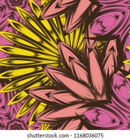 Seamless floral background. Tracery handmade nature ethnic fabric backdrop pattern with flowers. Textile design texture. Decorative color art. Vector