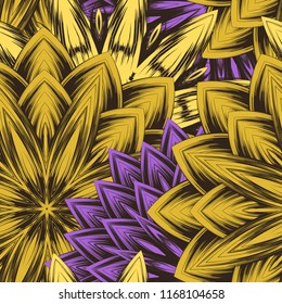 Seamless floral background. Tracery handmade nature ethnic fabric backdrop pattern with flowers. Textile design texture. Decorative color art. Vector