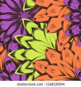 Seamless floral background. Tracery handmade nature ethnic fabric backdrop pattern with flowers. Textile design texture. Decorative color art. Vector
