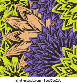 Seamless floral background. Tracery handmade nature ethnic fabric backdrop pattern with flowers. Textile design texture. Decorative color art. Vector
