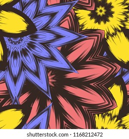 Seamless floral background. Tracery handmade nature ethnic fabric backdrop pattern with flowers. Textile design texture. Decorative color art. Vector