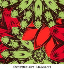 Seamless floral background. Tracery handmade nature ethnic fabric backdrop pattern with flowers. Textile design texture. Decorative color art. Vector
