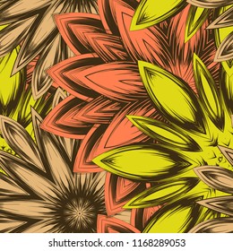 Seamless floral background. Tracery handmade nature ethnic fabric backdrop pattern with flowers. Textile design texture. Decorative color art. Vector