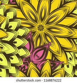 Seamless floral background. Tracery handmade nature ethnic fabric backdrop pattern with flowers. Textile design texture. Decorative color art. Vector