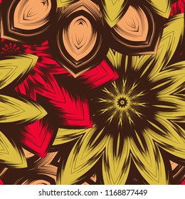 Seamless floral background. Tracery handmade nature ethnic fabric backdrop pattern with flowers. Textile design texture. Decorative color art. Vector