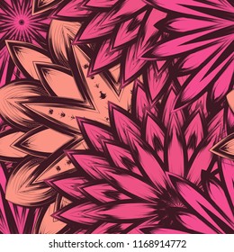 Seamless floral background. Tracery handmade nature ethnic fabric backdrop pattern with flowers. Textile design texture. Decorative color art. Vector
