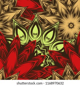 Seamless floral background. Tracery handmade nature ethnic fabric backdrop pattern with flowers. Textile design texture. Decorative color art. Vector