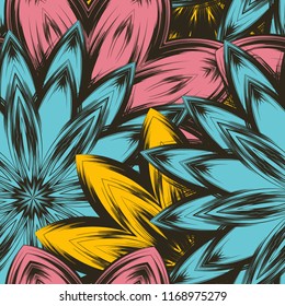 Seamless floral background. Tracery handmade nature ethnic fabric backdrop pattern with flowers. Textile design texture. Decorative color art. Vector