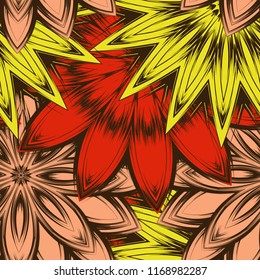 Seamless floral background. Tracery handmade nature ethnic fabric backdrop pattern with flowers. Textile design texture. Decorative color art. Vector