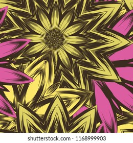 Seamless floral background. Tracery handmade nature ethnic fabric backdrop pattern with flowers. Textile design texture. Decorative color art. Vector