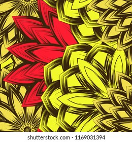 Seamless floral background. Tracery handmade nature ethnic fabric backdrop pattern with flowers. Textile design texture. Decorative color art. Vector
