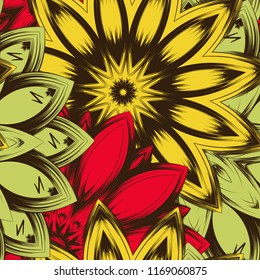 Seamless floral background. Tracery handmade nature ethnic fabric backdrop pattern with flowers. Textile design texture. Decorative color art. Vector