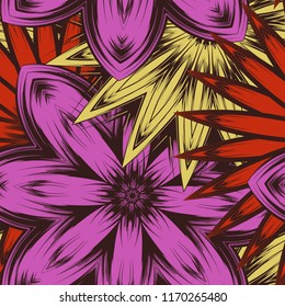 Seamless floral background. Tracery handmade nature ethnic fabric backdrop pattern with flowers. Textile design texture. Decorative color art. Vector