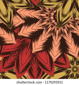 Seamless floral background. Tracery handmade nature ethnic fabric backdrop pattern with flowers. Textile design texture. Decorative color art. Vector