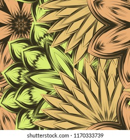 Seamless floral background. Tracery handmade nature ethnic fabric backdrop pattern with flowers. Textile design texture. Decorative color art. Vector