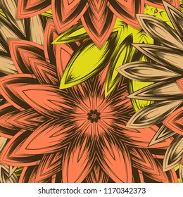 Seamless floral background. Tracery handmade nature ethnic fabric backdrop pattern with flowers. Textile design texture. Decorative color art. Vector