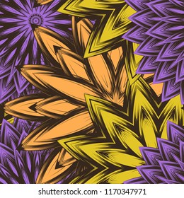 Seamless floral background. Tracery handmade nature ethnic fabric backdrop pattern with flowers. Textile design texture. Decorative color art. Vector