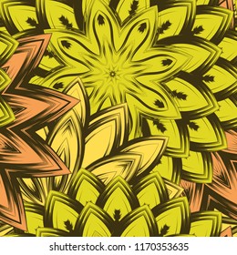 Seamless floral background. Tracery handmade nature ethnic fabric backdrop pattern with flowers. Textile design texture. Decorative color art. Vector