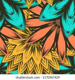 Seamless floral background. Tracery handmade nature ethnic fabric backdrop pattern with flowers. Textile design texture. Decorative color art. Vector