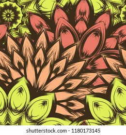 Seamless floral background. Tracery handmade nature ethnic fabric backdrop pattern with flowers. Textile design texture. Decorative color art. Vector