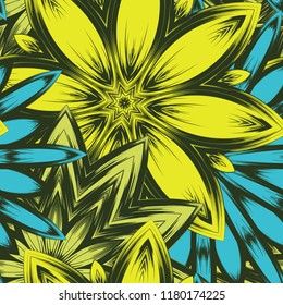 Seamless floral background. Tracery handmade nature ethnic fabric backdrop pattern with flowers. Textile design texture. Decorative color art. Vector