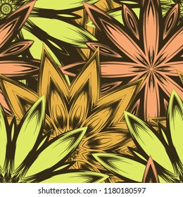Seamless floral background. Tracery handmade nature ethnic fabric backdrop pattern with flowers. Textile design texture. Decorative color art. Vector
