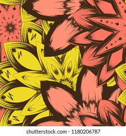 Seamless floral background. Tracery handmade nature ethnic fabric backdrop pattern with flowers. Textile design texture. Decorative color art. Vector