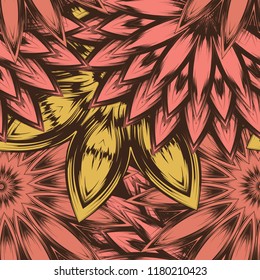 Seamless floral background. Tracery handmade nature ethnic fabric backdrop pattern with flowers. Textile design texture. Decorative color art. Vector