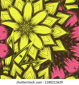 Seamless floral background. Tracery handmade nature ethnic fabric backdrop pattern with flowers. Textile design texture. Decorative color art. Vector