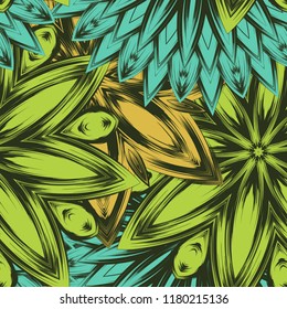 Seamless floral background. Tracery handmade nature ethnic fabric backdrop pattern with flowers. Textile design texture. Decorative color art. Vector