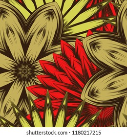 Seamless floral background. Tracery handmade nature ethnic fabric backdrop pattern with flowers. Textile design texture. Decorative color art. Vector