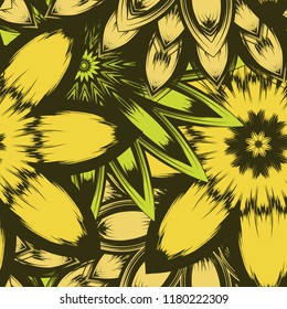 Seamless floral background. Tracery handmade nature ethnic fabric backdrop pattern with flowers. Textile design texture. Decorative color art. Vector