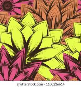 Seamless floral background. Tracery handmade nature ethnic fabric backdrop pattern with flowers. Textile design texture. Decorative color art. Vector