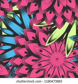 Seamless floral background. Tracery handmade nature ethnic fabric backdrop pattern with flowers. Textile design texture. Decorative color art. Vector