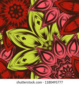 Seamless floral background. Tracery handmade nature ethnic fabric backdrop pattern with flowers. Textile design texture. Decorative color art. Vector
