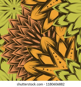 Seamless floral background. Tracery handmade nature ethnic fabric backdrop pattern with flowers. Textile design texture. Decorative color art. Vector