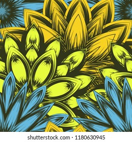 Seamless floral background. Tracery handmade nature ethnic fabric backdrop pattern with flowers. Textile design texture. Decorative color art. Vector