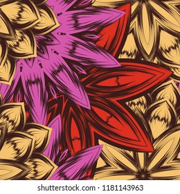 Seamless floral background. Tracery handmade nature ethnic fabric backdrop pattern with flowers. Textile design texture. Decorative color art. Vector