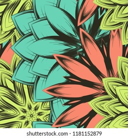 Seamless floral background. Tracery handmade nature ethnic fabric backdrop pattern with flowers. Textile design texture. Decorative color art. Vector