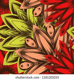 Seamless floral background. Tracery handmade nature ethnic fabric backdrop pattern with flowers. Textile design texture. Decorative color art. Vector