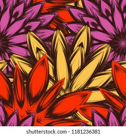 Seamless floral background. Tracery handmade nature ethnic fabric backdrop pattern with flowers. Textile design texture. Decorative color art. Vector