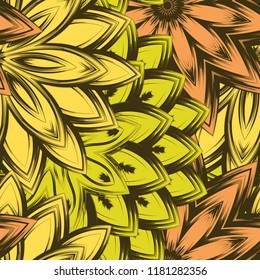 Seamless floral background. Tracery handmade nature ethnic fabric backdrop pattern with flowers. Textile design texture. Decorative color art. Vector
