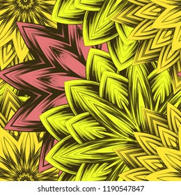 Seamless floral background. Tracery handmade nature ethnic fabric backdrop pattern with flowers. Textile design texture. Decorative color art. Vector