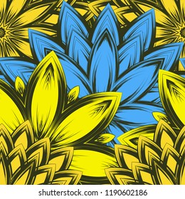 Seamless floral background. Tracery handmade nature ethnic fabric backdrop pattern with flowers. Textile design texture. Decorative color art. Vector