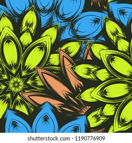 Seamless floral background. Tracery handmade nature ethnic fabric backdrop pattern with flowers. Textile design texture. Decorative color art. Vector