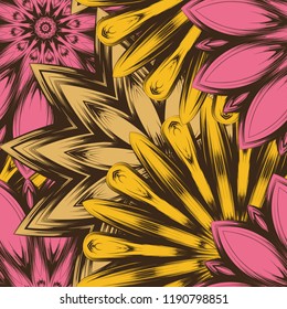 Seamless floral background. Tracery handmade nature ethnic fabric backdrop pattern with flowers. Textile design texture. Decorative color art. Vector