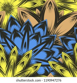 Seamless floral background. Tracery handmade nature ethnic fabric backdrop pattern with flowers. Textile design texture. Decorative color art. Vector