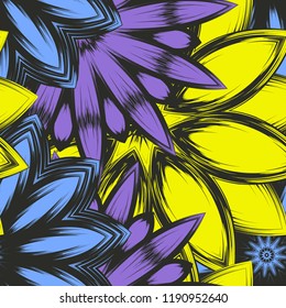 Seamless floral background. Tracery handmade nature ethnic fabric backdrop pattern with flowers. Textile design texture. Decorative color art. Vector