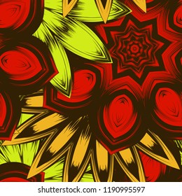 Seamless floral background. Tracery handmade nature ethnic fabric backdrop pattern with flowers. Textile design texture. Decorative color art. Vector